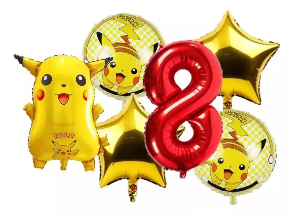 Kit Decoración Globos Pikachu Número Rojo Cumpleaños Ash #8