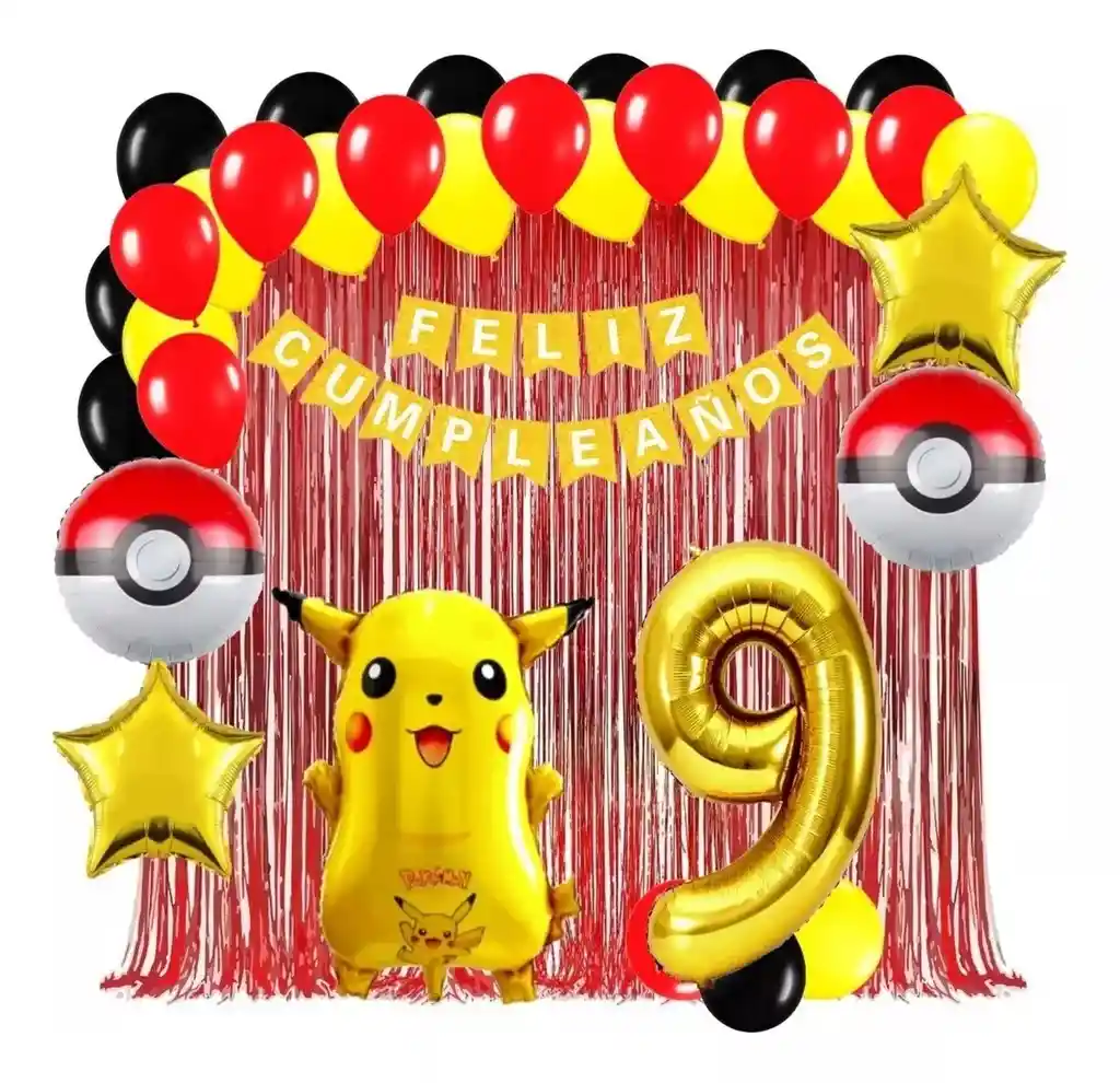 Kit Globo Decoracion Pikachu Pokebola Cortina Numero #9