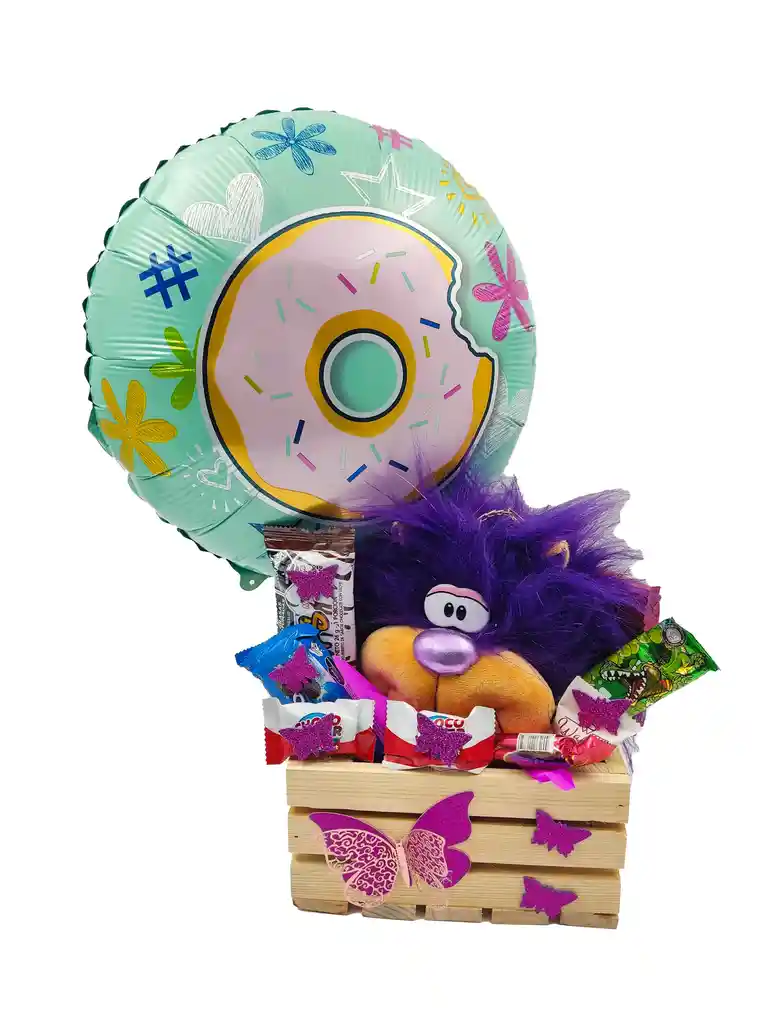 Ancheta Desayuno Sorpresa Regalo Dulces Peluche Chocolate León Morado