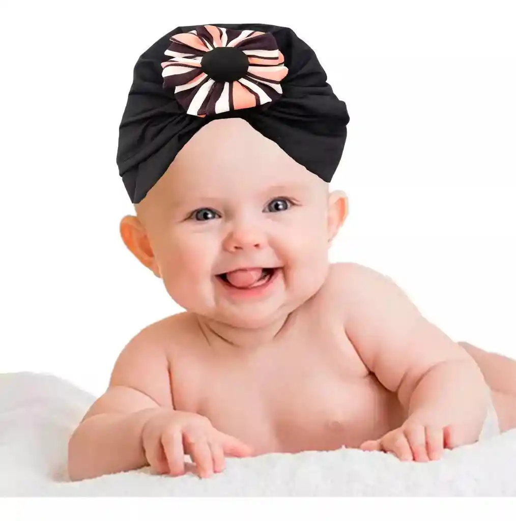 Gorro Bebe Turbante Negro Flor