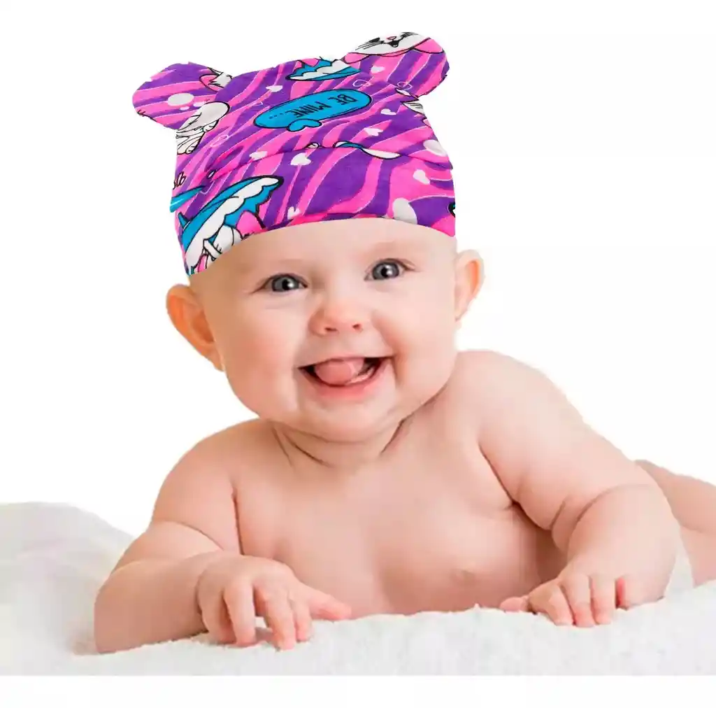 Gorro Bebe Orejas Animal Print Rosado Morado