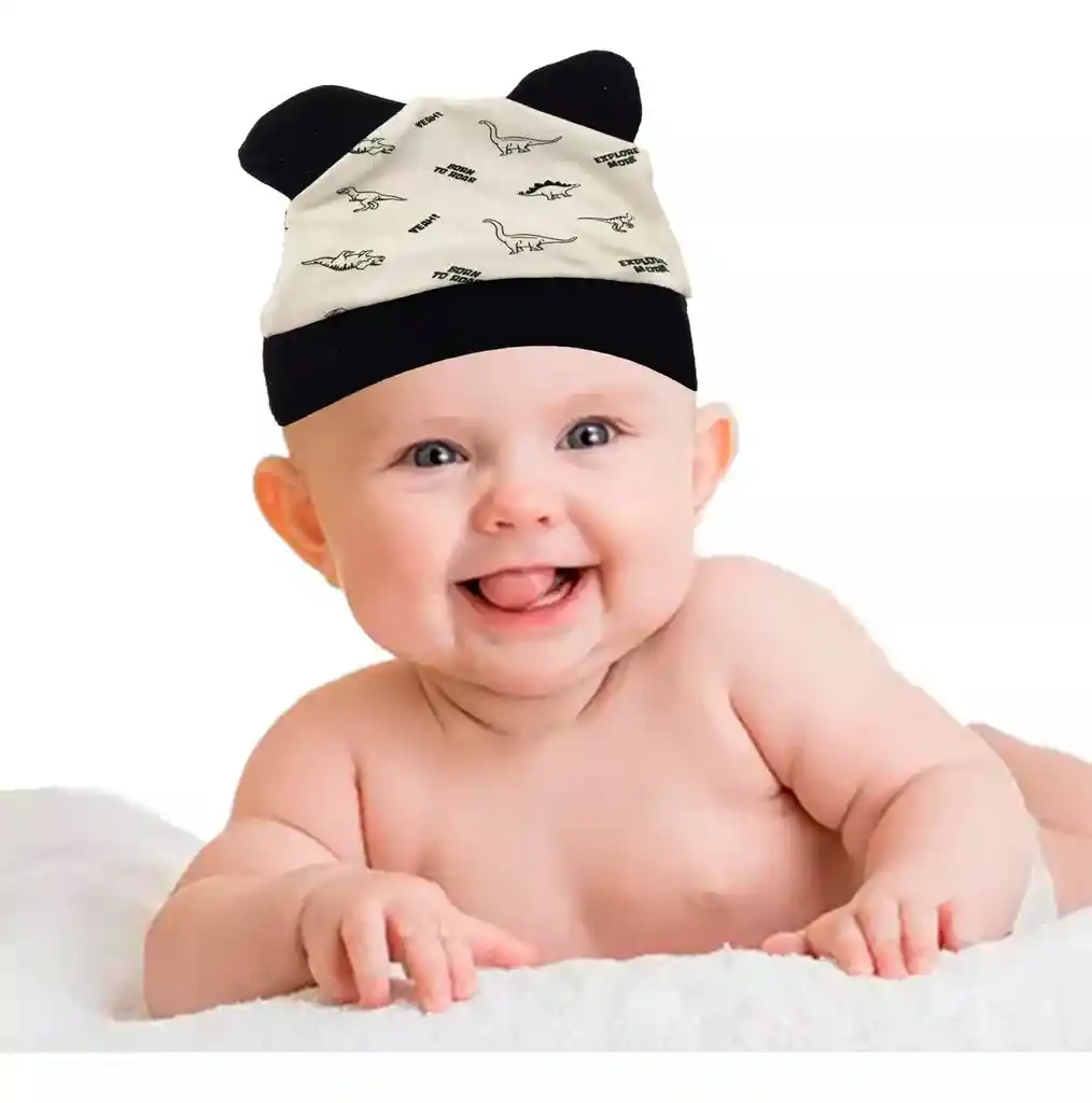 Gorro Bebe Orejas Negro Blanco Dinosaurio