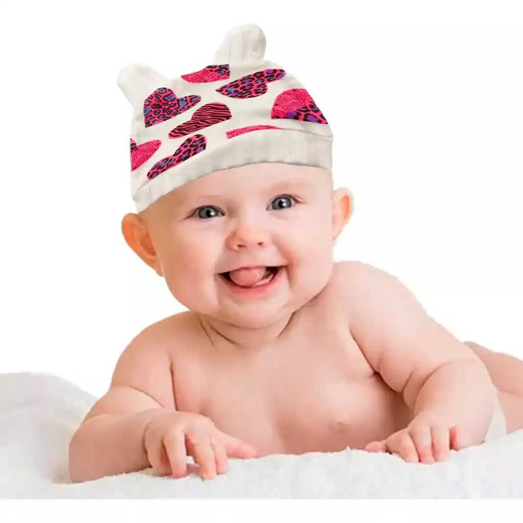 Gorro Bebe Orejas Corazones Blanco Rojo Print