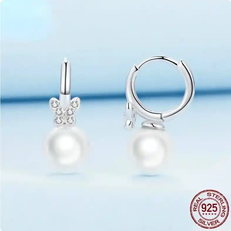 Aretes Aros Para Mujer Mariposa Perla En Plata 925