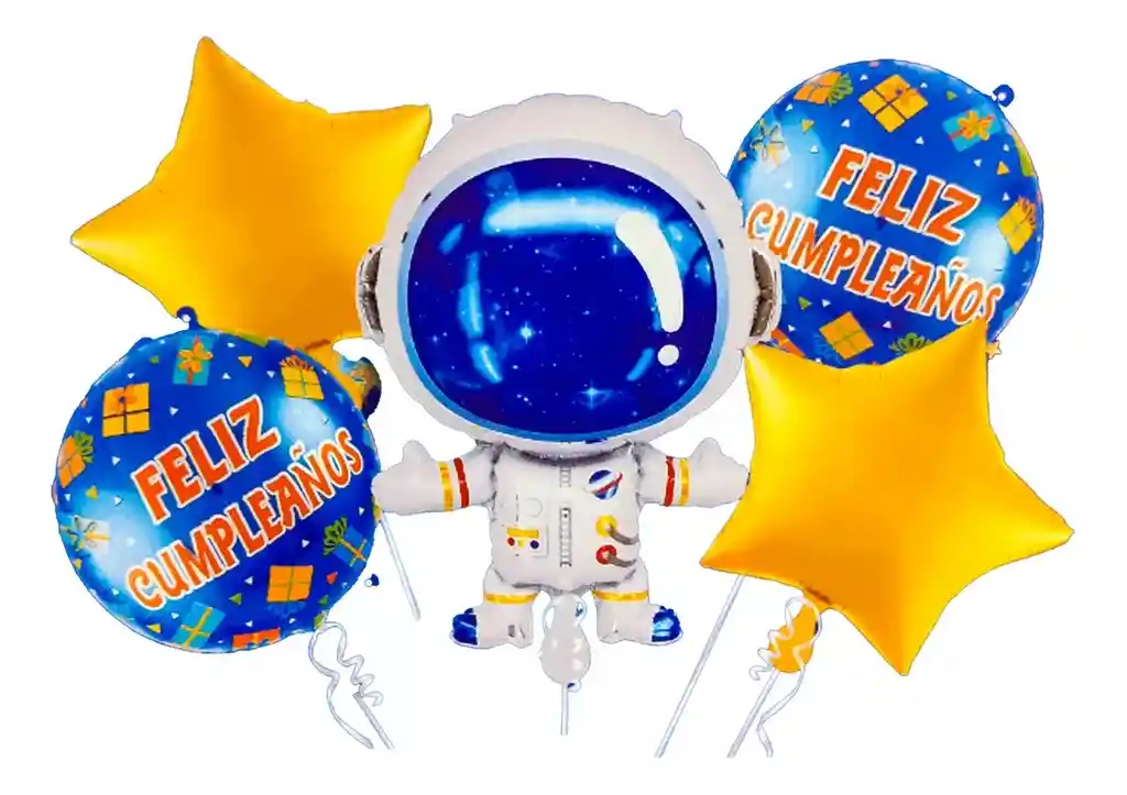 Globos Bouquet Astronauta Espacial Feliz Cumpleaños Dorado