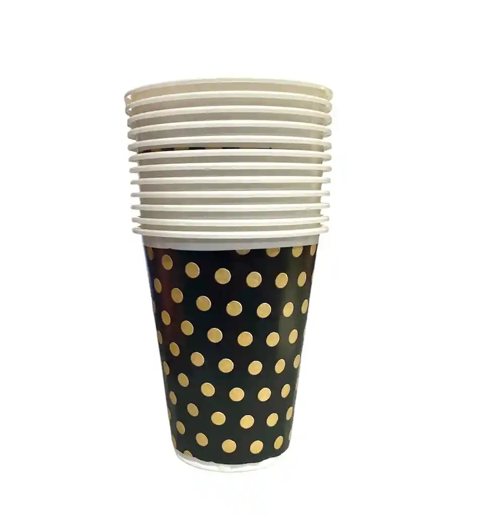 Vaso Desechable Plastico Polka Negro Puntos Dorados Oz X 12