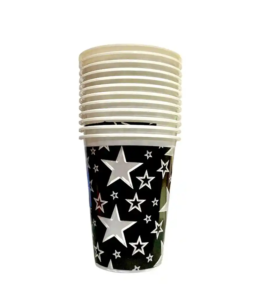 Vaso Desechable Plastico Negro Estrellas Plateadas 6 Oz X 12