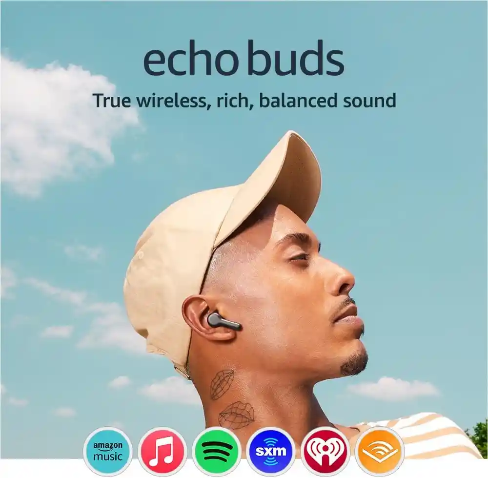 Amazon Echo Buds Audífonos Inalámbricos Con Bluetooth Y Alexa, Personalización De Audio, Multipunto, 20 Horas De Batería Con Estuche Cargador, Carga Rápida Y Resistentes Al Sudor Negro