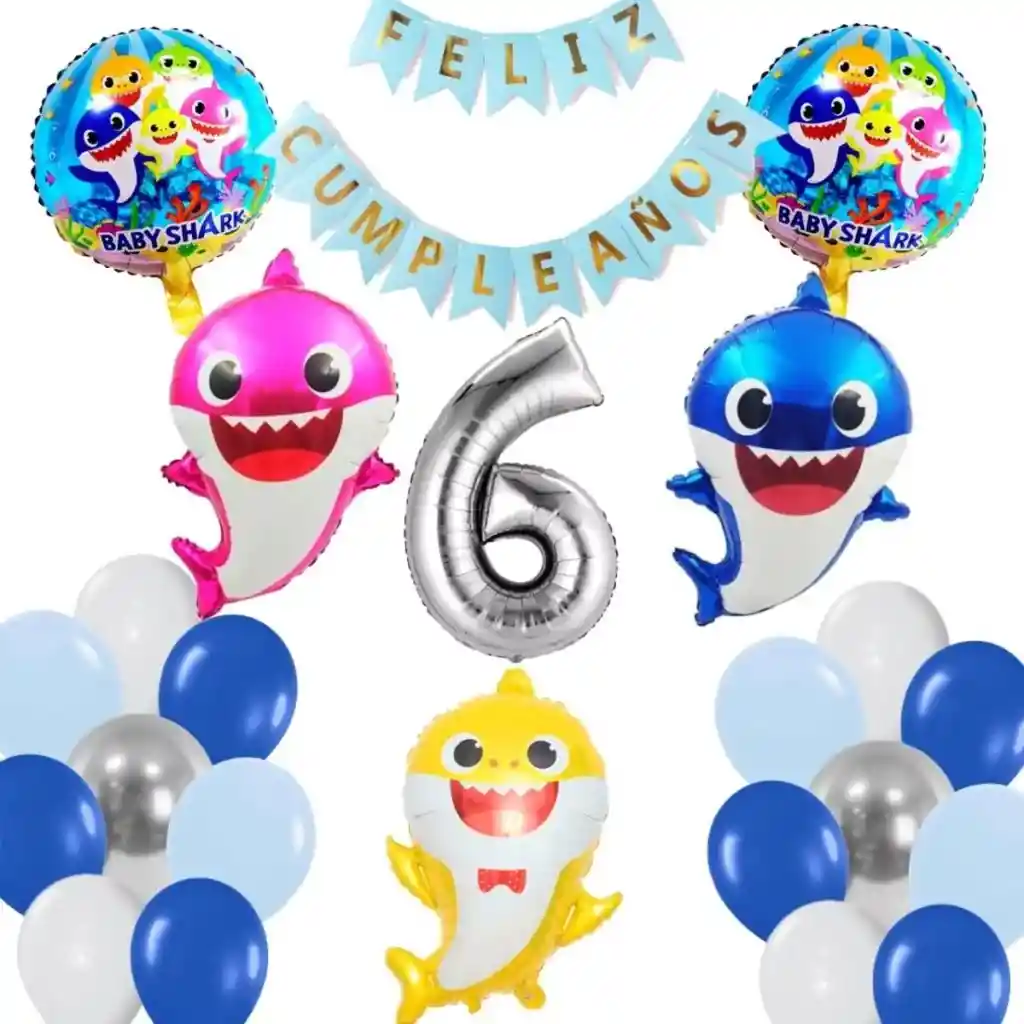 Kit Globos Decoracion Mar Marino Baby Shark Tiburon Numero #6