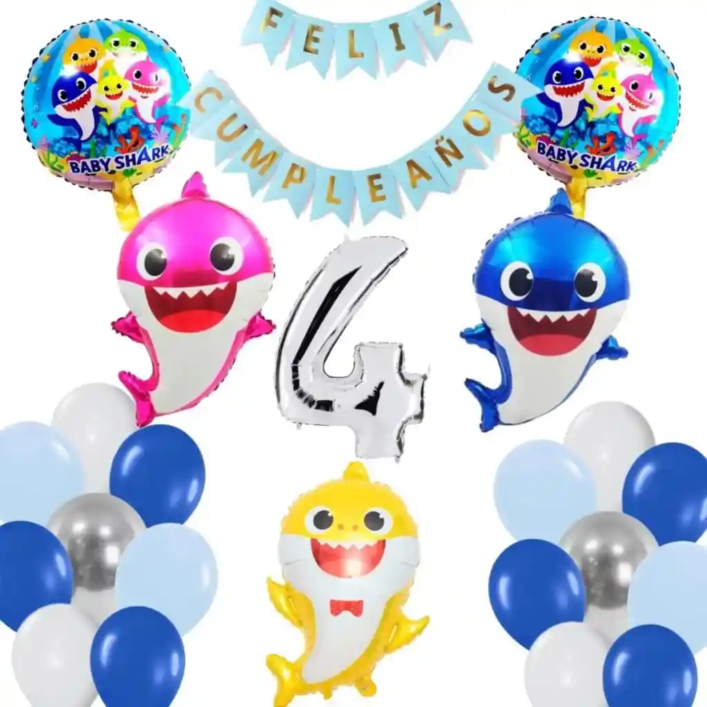 Kit Globos Decoracion Mar Marino Baby Shark Tiburon Numero #4