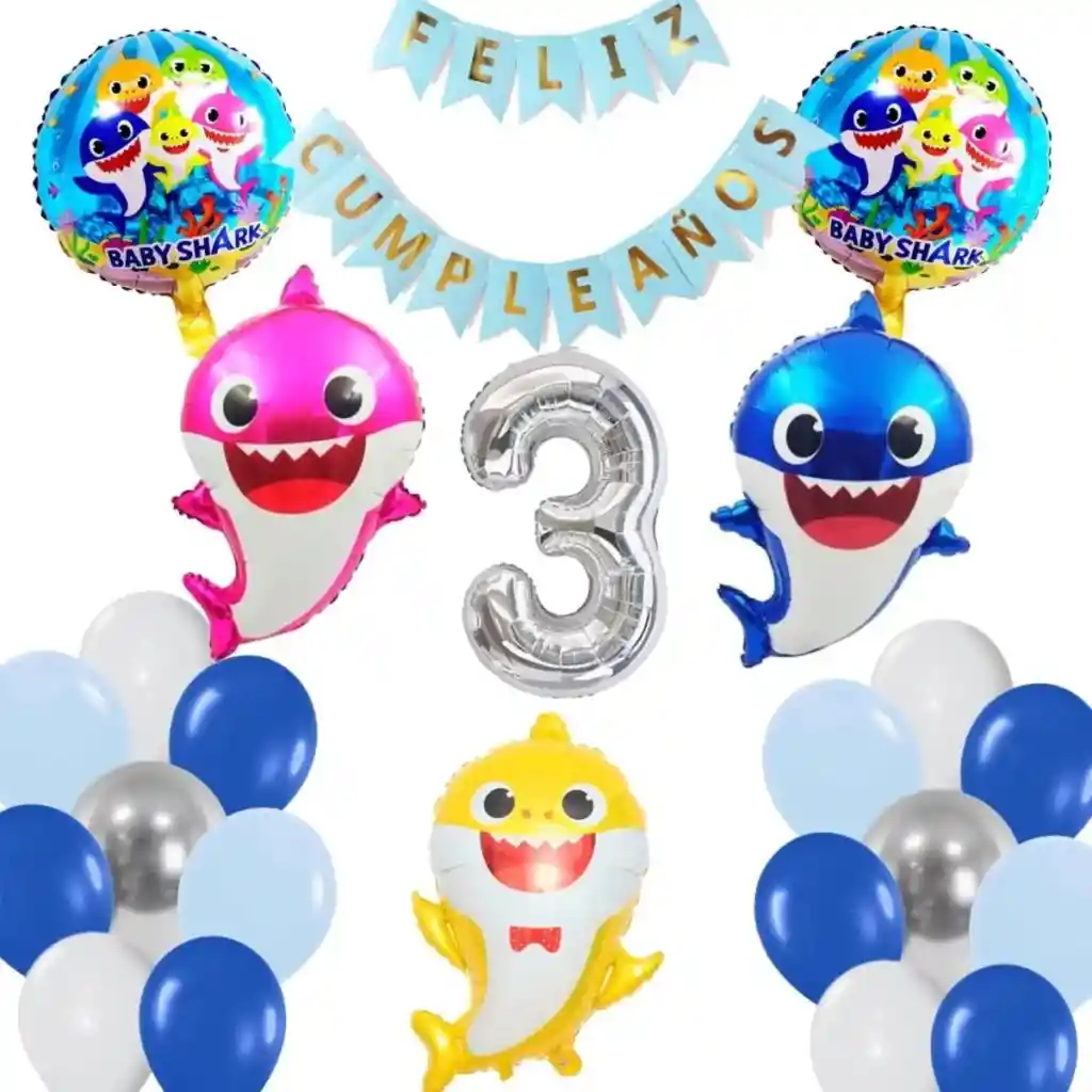 Kit Globos Decoracion Mar Marino Baby Shark Tiburon Numero #3