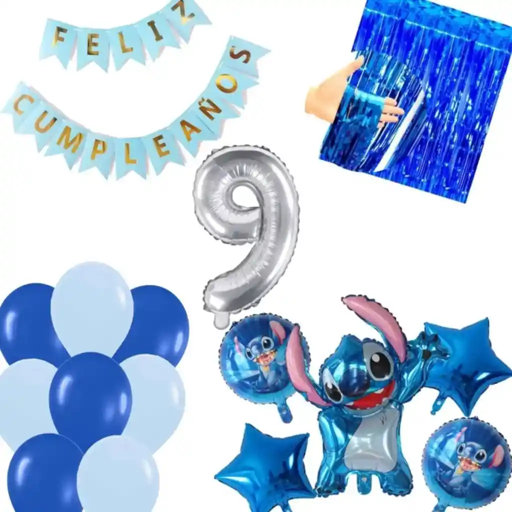 Kit Globos Decoracion Stitch Cortina Número Azul Feston #9