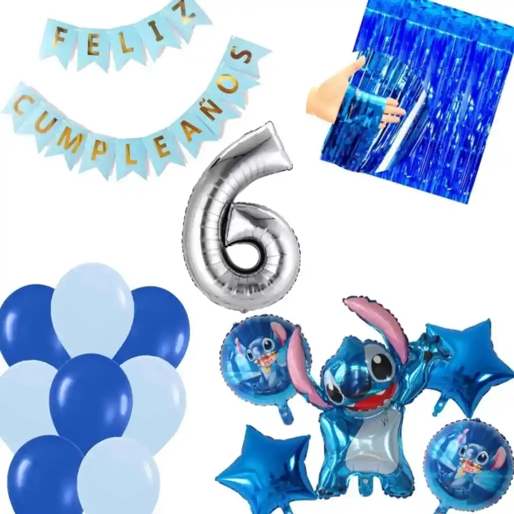 Kit Globos Decoracion Stitch Cortina Número Azul Feston #6