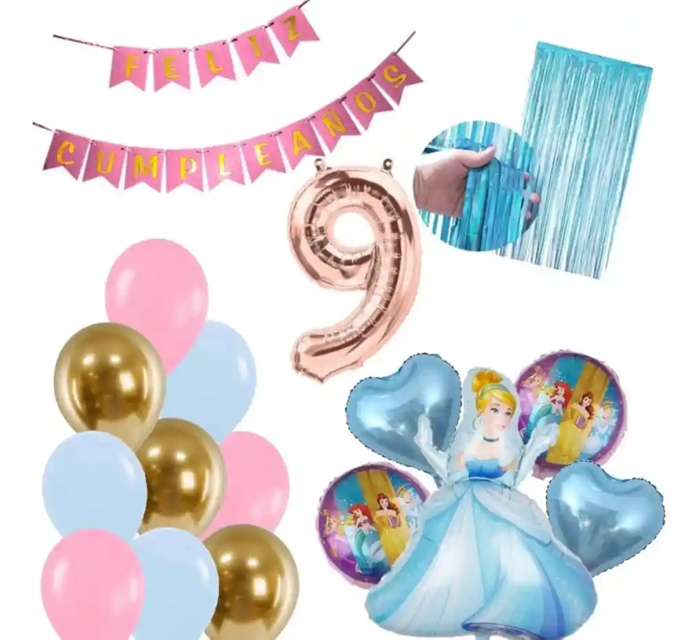 Kit Decoración Globos Numero Princesa Cenicienta Fiesta Niña #9