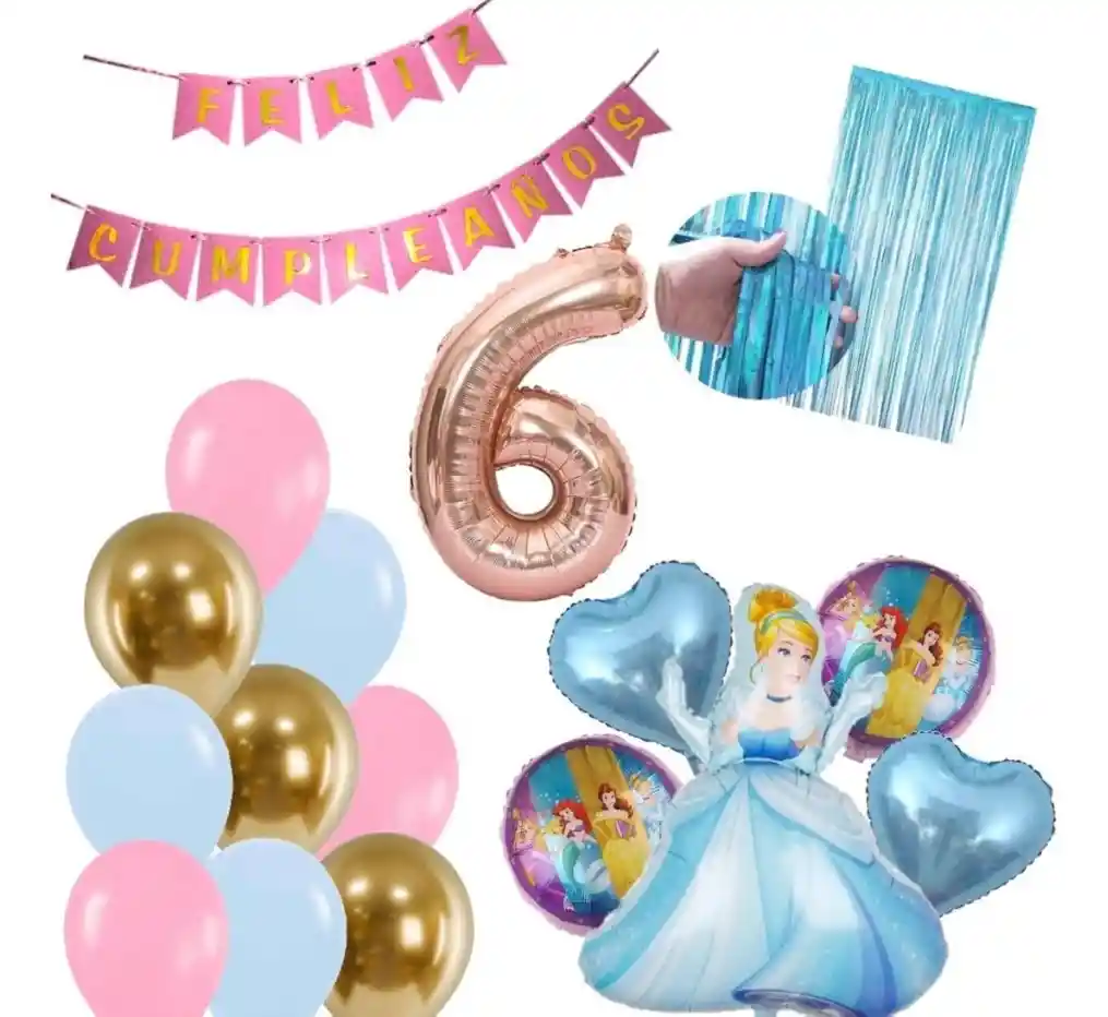 Kit Decoración Globos Numero Princesa Cenicienta Fiesta Niña #6