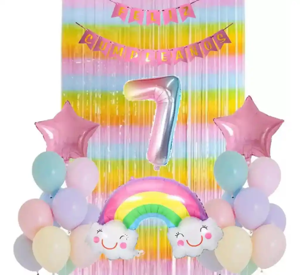 Kit Decoración Globos Cortina Arcoíris Rosado Oro Pastel #7