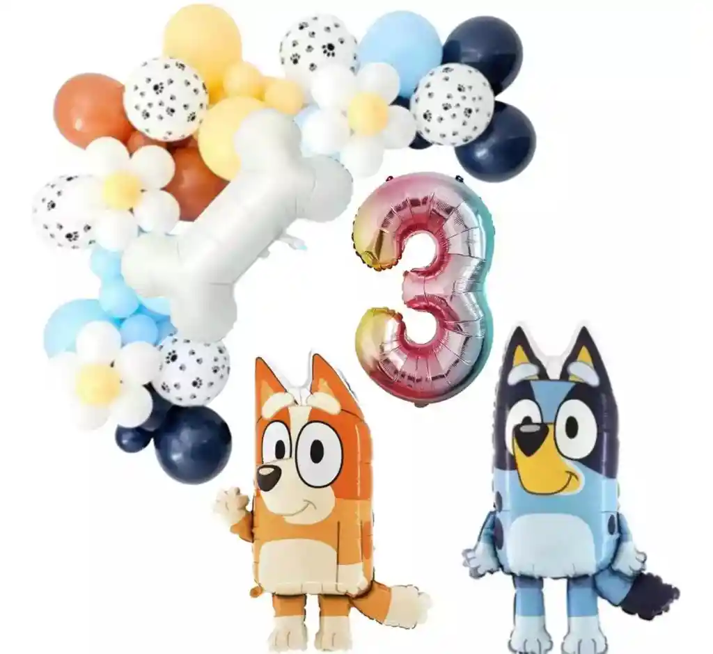 Kit Globos Decoracion Bluey Bingo Perro Mascota Azul Numero #3