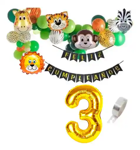 Kit Bouquet Globos Selva Animales Verde Cortina Festón León #3