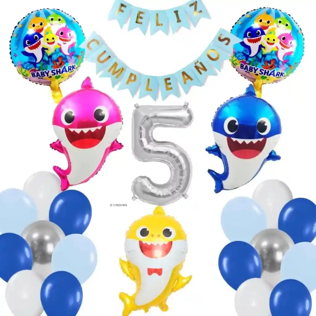 Kit Globos Decoracion Mar Marino Baby Shark Tiburon Numero #5