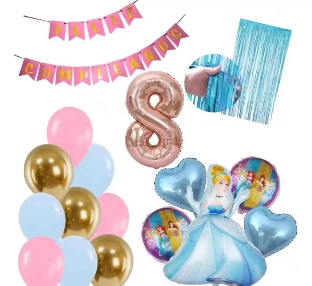 Kit Decoración Globos Numero Princesa Cenicienta Fiesta Niña #8