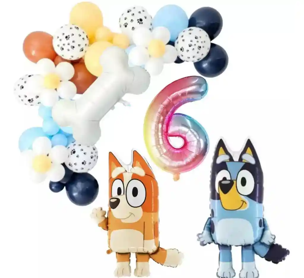 Kit Globos Decoracion Bluey Bingo Perro Mascota Azul Numero #6