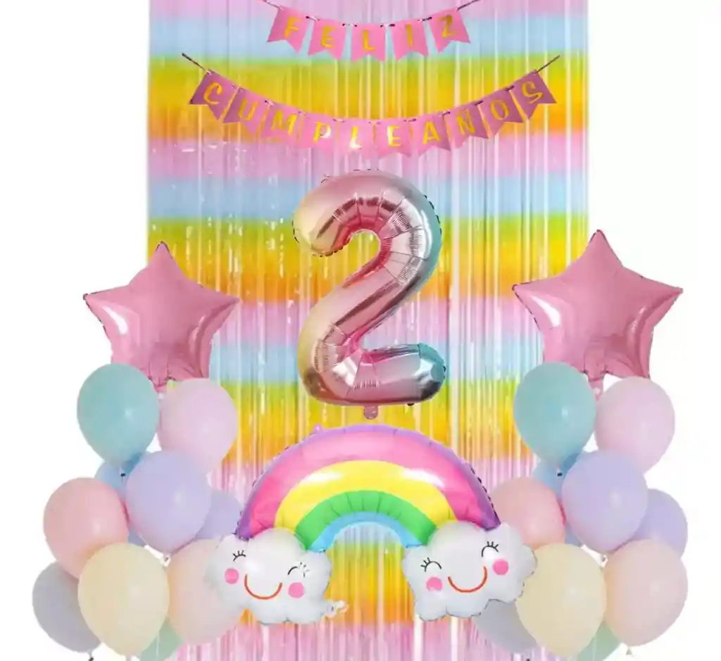 Kit Decoración Globos Cortina Arcoíris Rosado Oro Pastel #2