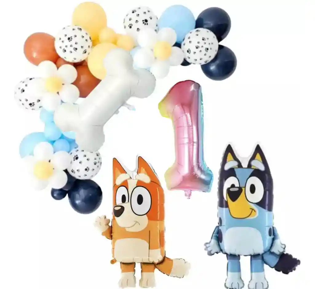 Kit Globos Decoracion Bluey Bingo Perro Mascota Azul Numero #1