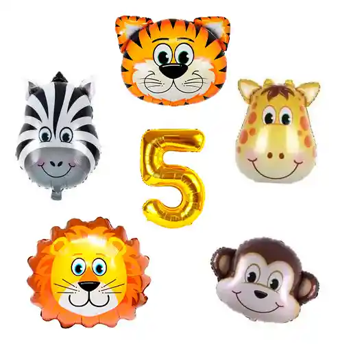 Kit Bouquet Globos Selva Número Tigre León Jirafa Mono Cebra #5