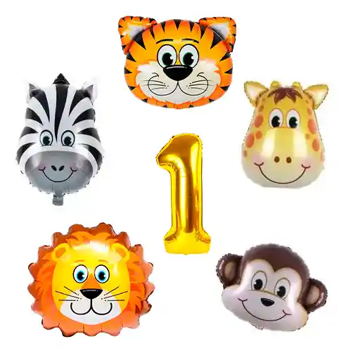 Kit Bouquet Globos Selva Número Tigre León Jirafa Mono Cebra #1