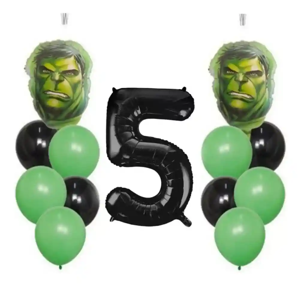 Kit Bouquet Globos Héroes Numero Hulk Verde Negro Niño #5