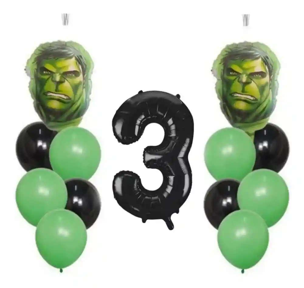 Kit Bouquet Globos Héroes Numero Hulk Verde Negro Niño #3