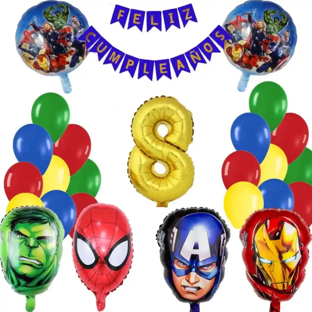 Kit Globos Decoracion Heroes Hulk Spider Capitan Iron Numero #8