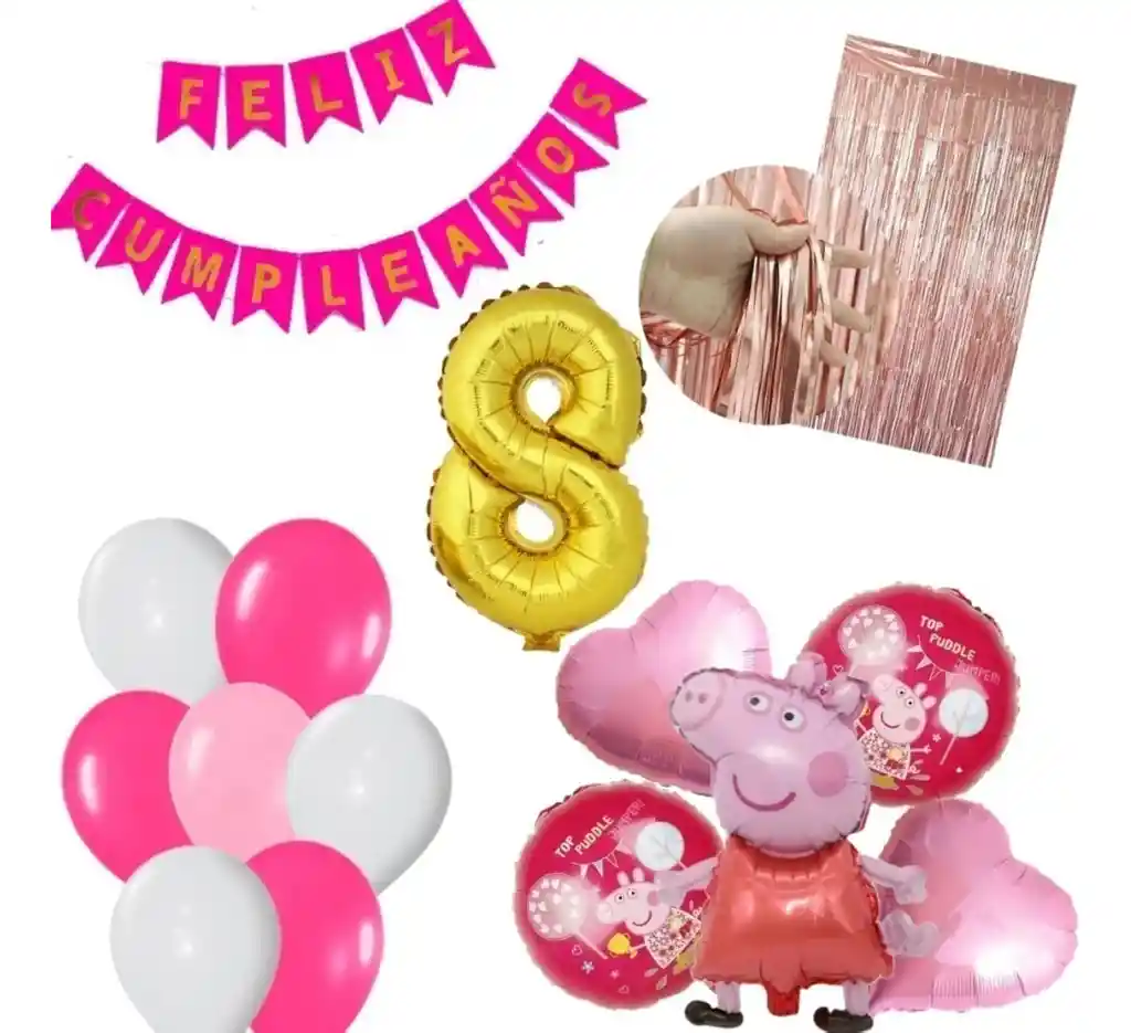 Kit Decoración Oro Rosa Peppa Pig Numero Fucsia Festón #8