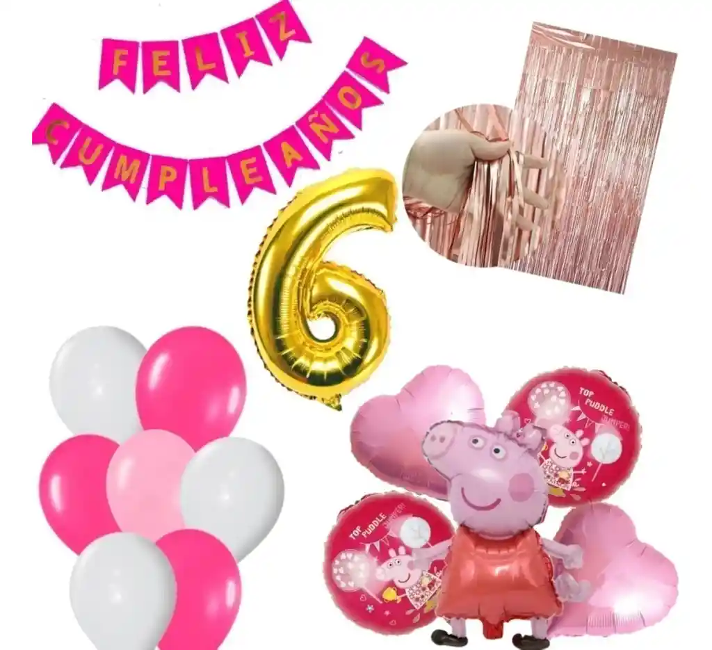 Kit Decoración Oro Rosa Peppa Pig Numero Fucsia Festón #6