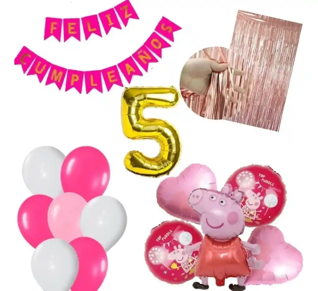 Kit Decoración Oro Rosa Peppa Pig Numero Fucsia Festón #5