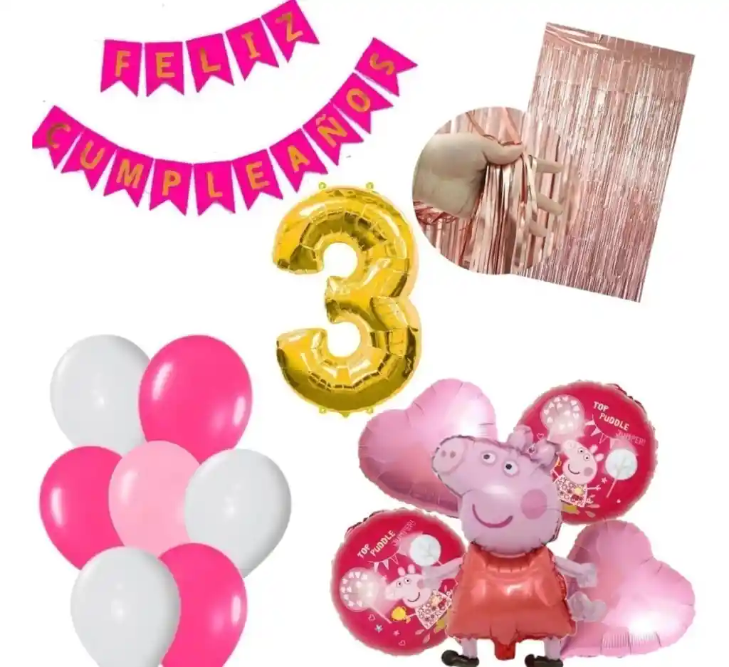 Kit Decoración Oro Rosa Peppa Pig Numero Fucsia Festón #3