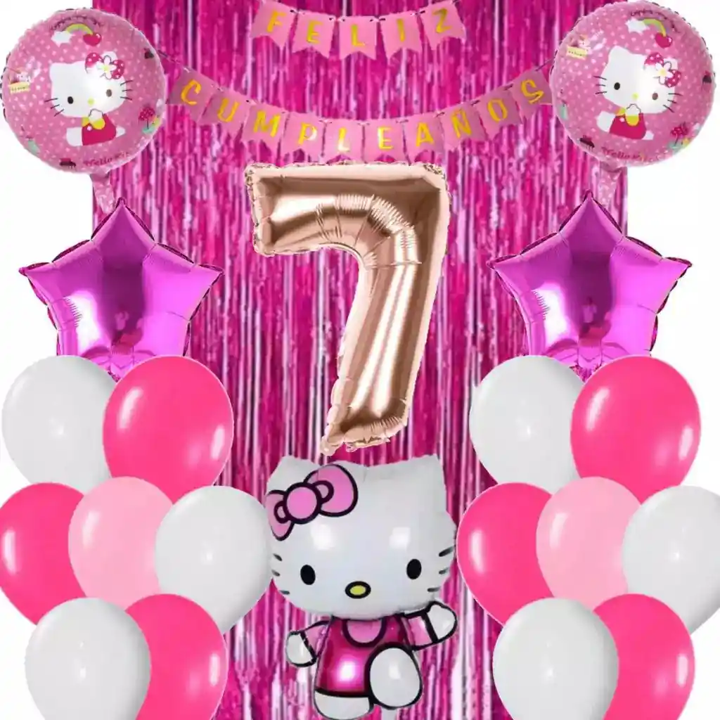 Kit Decoración Globos Numero Hello Kitty Fucsia Oro Rosa #7