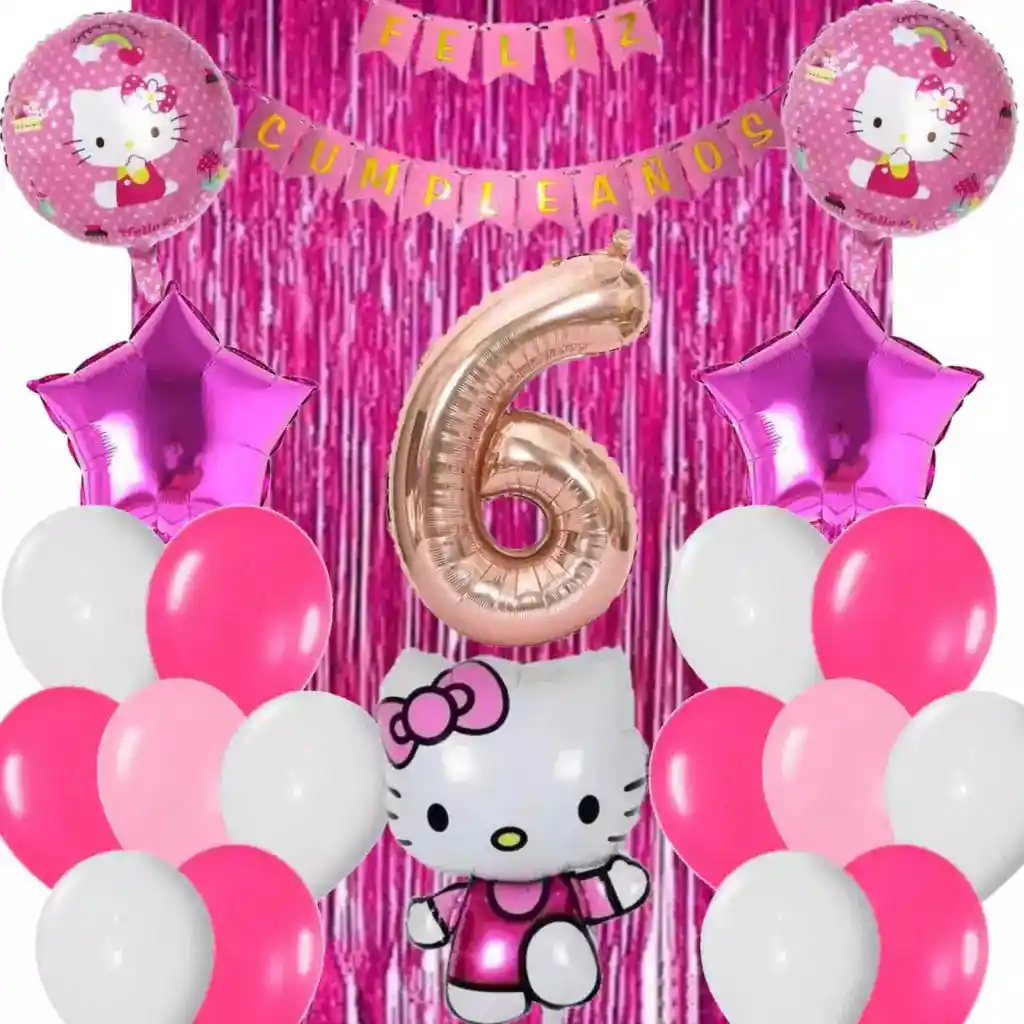 Kit Decoración Globos Numero Hello Kitty Fucsia Oro Rosa #6