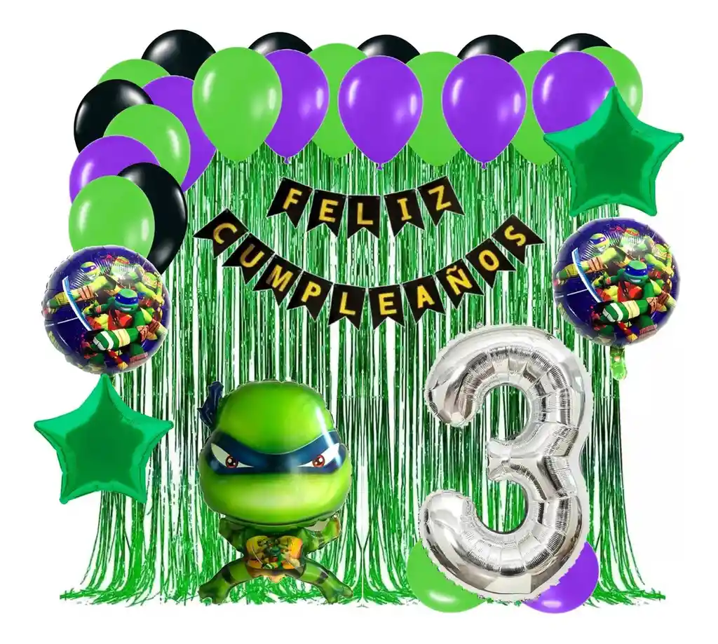 Kit Globos Tortugas Ninjas Cumpleaños Cortina Verde Niño #3