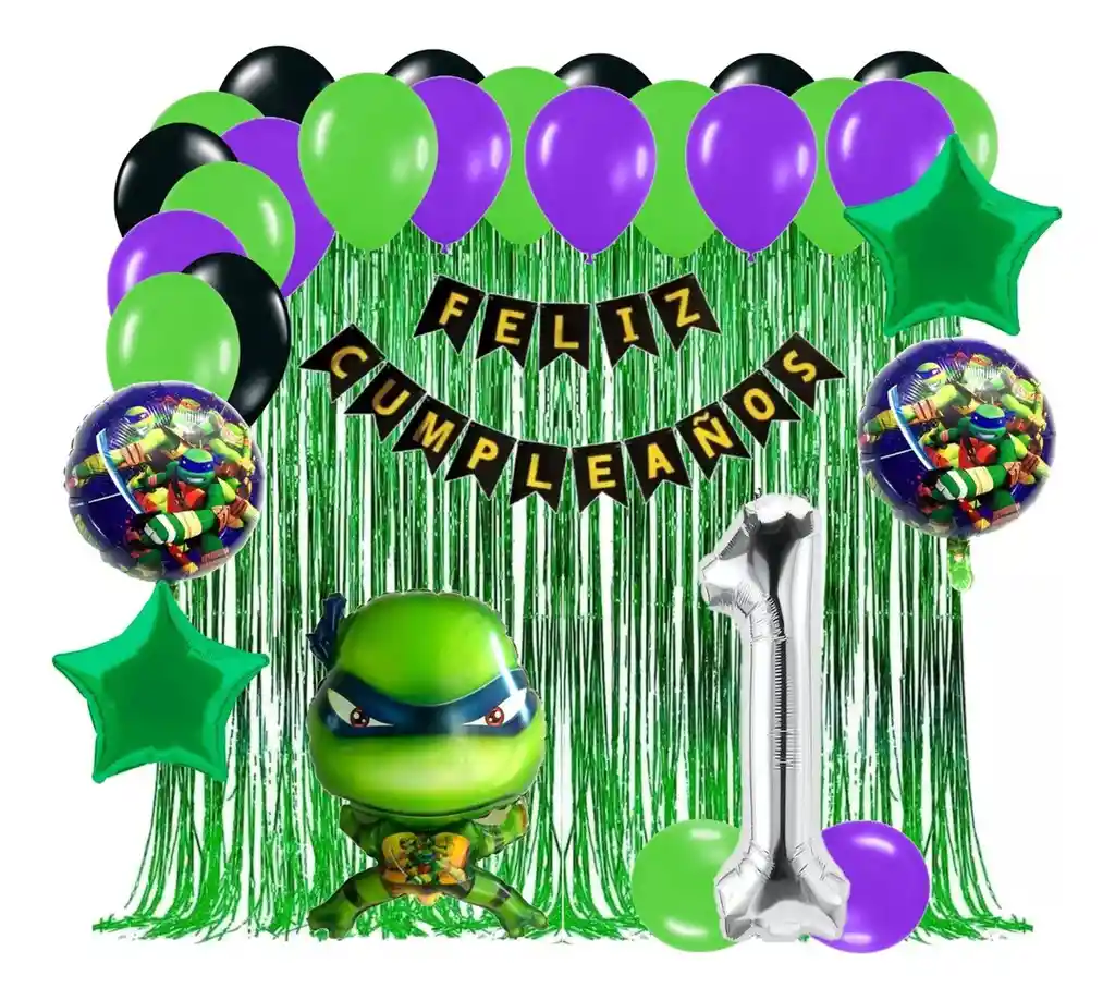 Kit Globos Tortugas Ninjas Cumpleaños Cortina Verde Niño #1