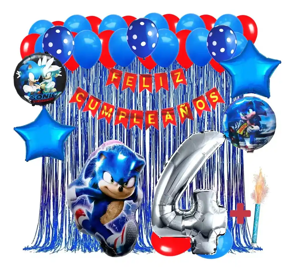 Kit Globos Sonic Video Juego Cumpleaños Cortina Numero #4