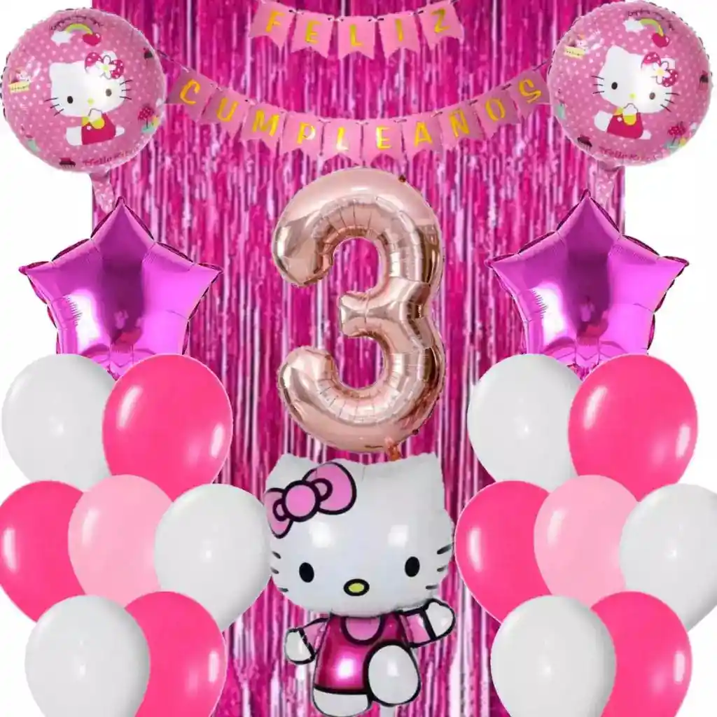 Kit Decoración Globos Numero Hello Kitty Fucsia Oro Rosa #3