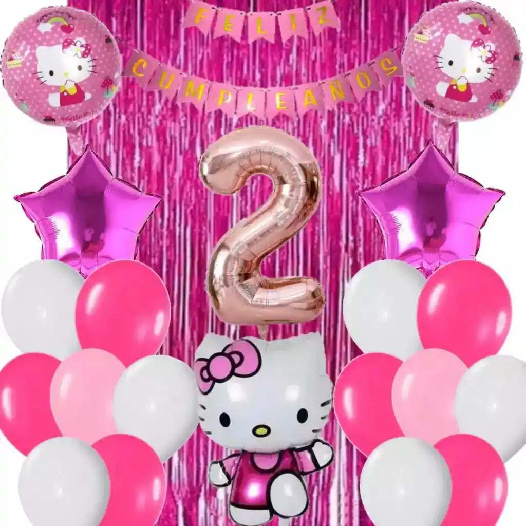 Kit Decoración Globos Numero Hello Kitty Fucsia Oro Rosa #2