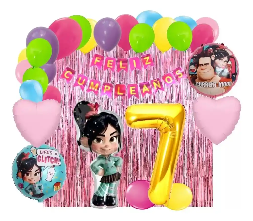 Kit Globos Cumpleaños Decoracion Vanellope Ralph Cortina #7