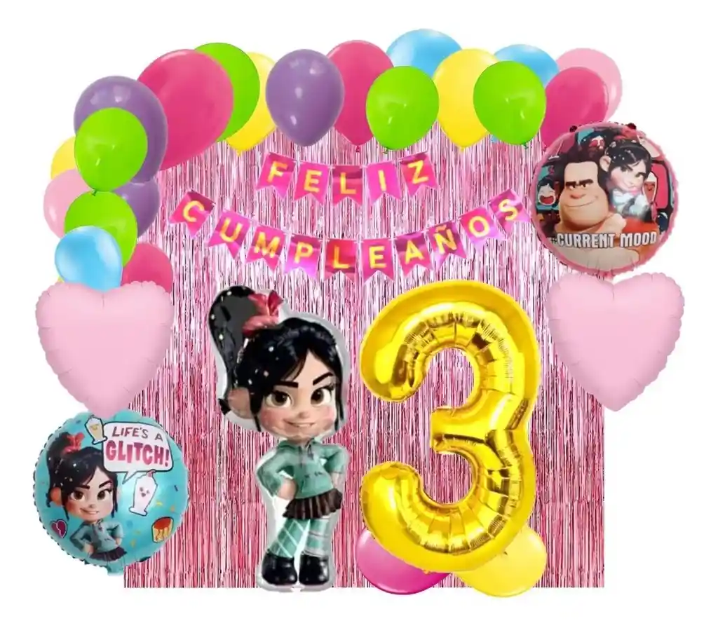 Kit Globos Cumpleaños Decoracion Vanellope Ralph Cortina #3