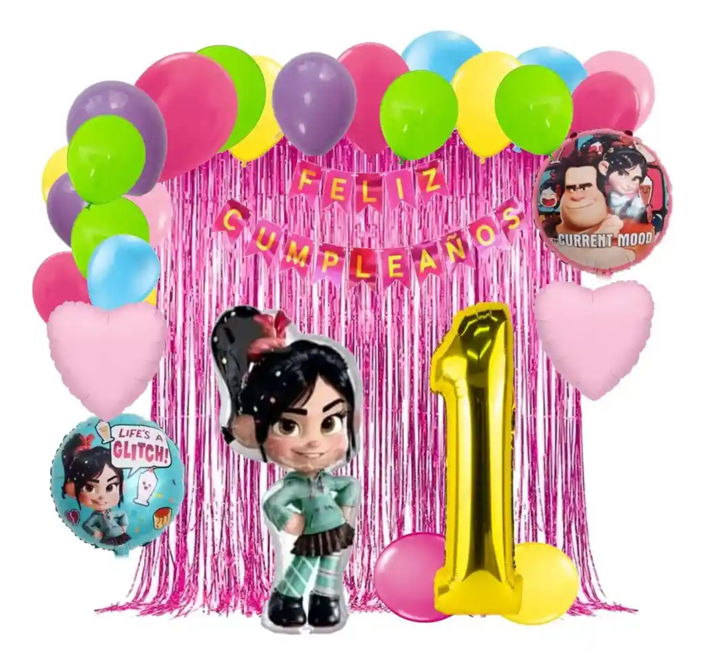 Kit Globos Cumpleaños Decoracion Vanellope Ralph Cortina #1