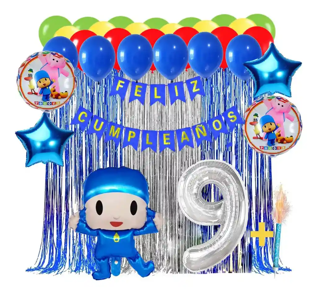 Kit Globos Decoracion Pocoyo Bebe Azul Cortina Flecos Feston #9