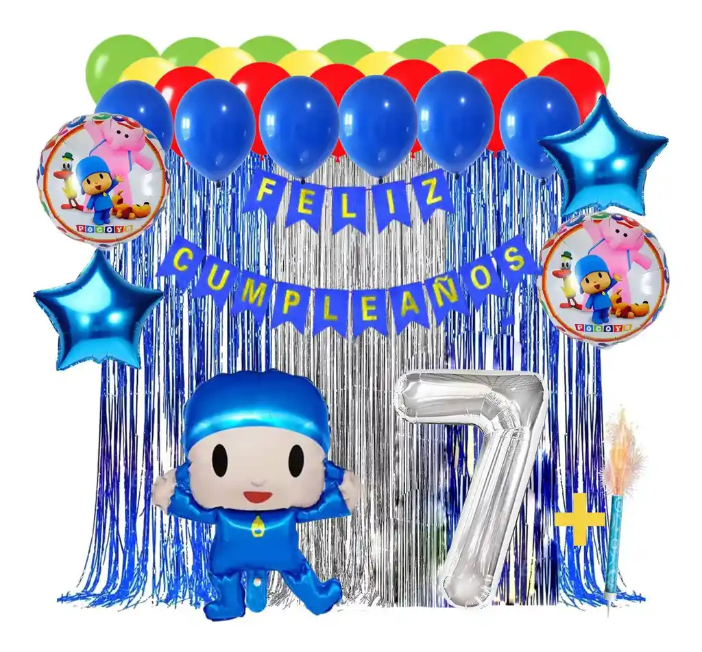 Kit Globos Decoracion Pocoyo Bebe Azul Cortina Flecos Feston #7