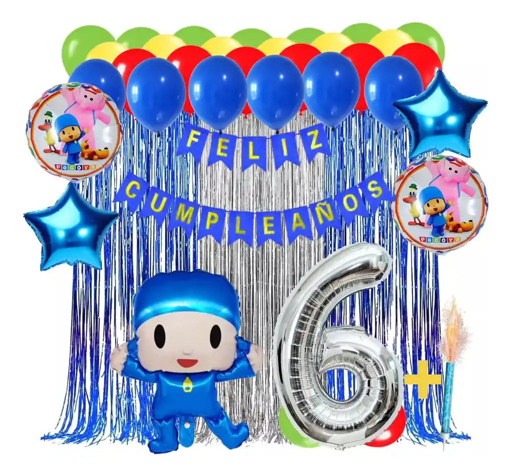 Kit Globos Decoracion Pocoyo Bebe Azul Cortina Flecos Feston #6