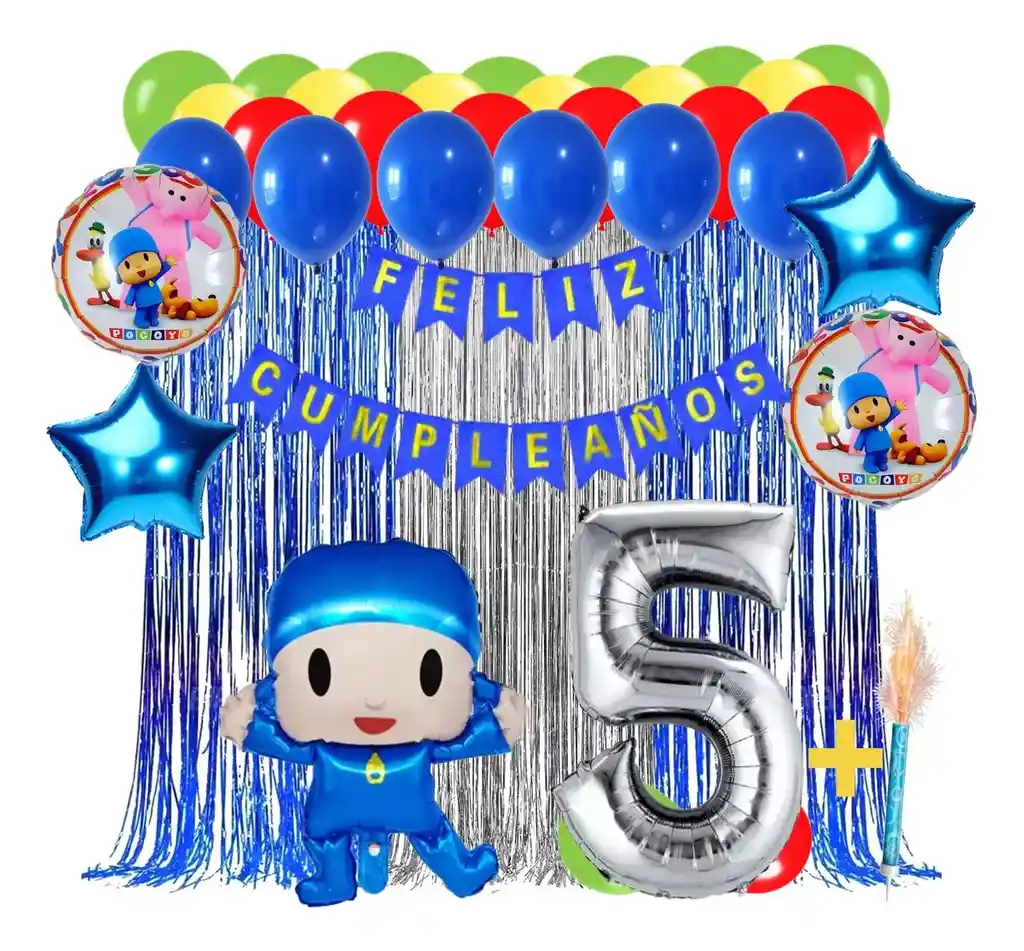 Kit Globos Decoracion Pocoyo Bebe Azul Cortina Flecos Feston #5